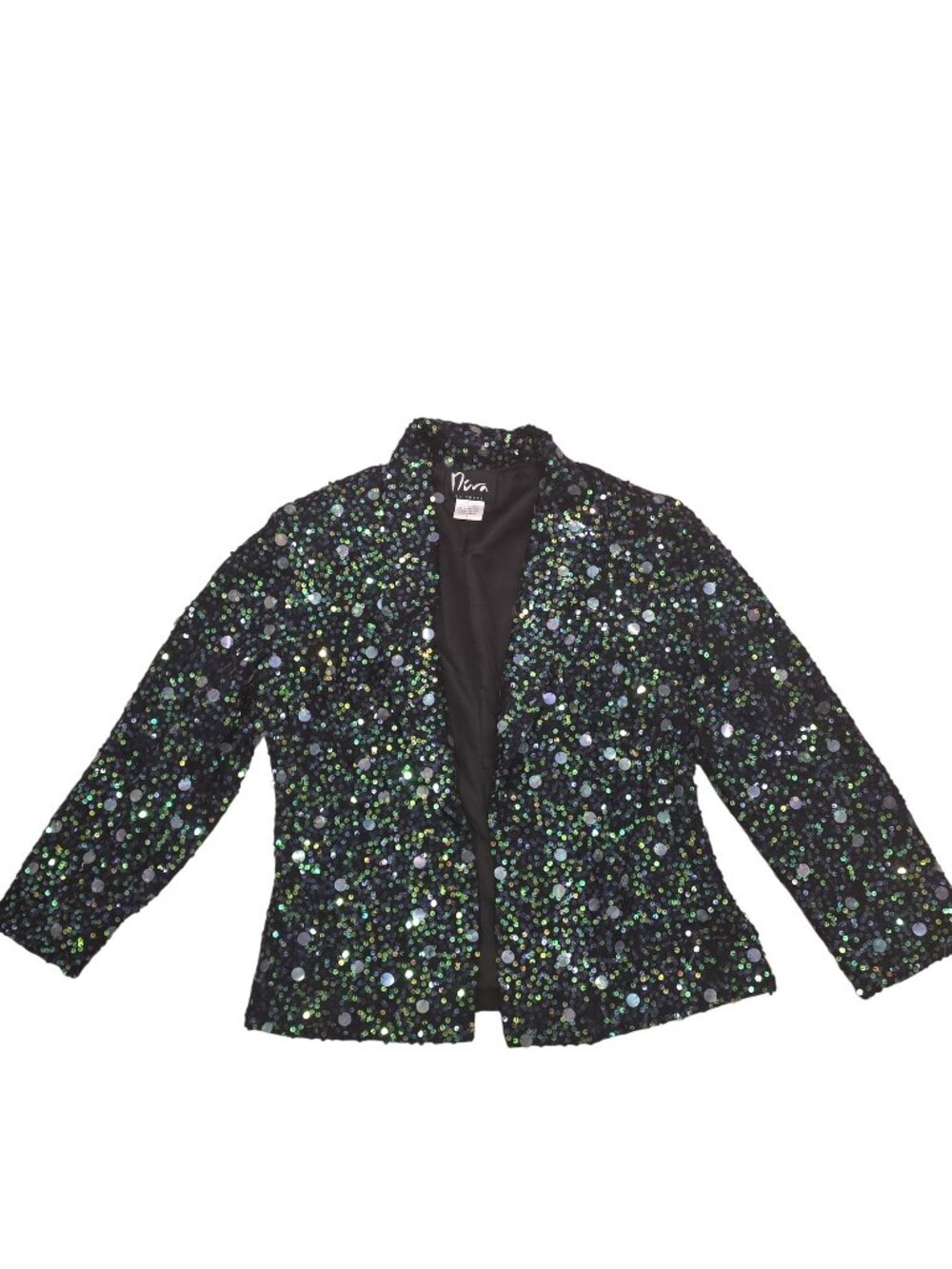 Diva By Embex Black green Sequin Hand Beaded Open Jacket 100% Silk size Small
